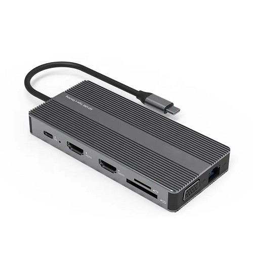 Extradigital Adapter USB Type-C - 2x HDMI, VGA, LAN, 3x USB Type-A, SD, TF, USB Type-C PD100W, Aux image 1