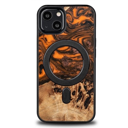 Wood and Resin Case for iPhone 13 MagSafe Bewood Unique Orange - Orange and Black image 1