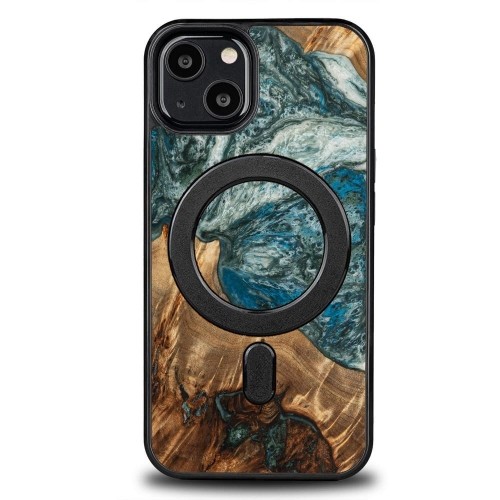 Wood and Resin Case for iPhone 13 MagSafe Bewood Unique Planet Earth - Blue-Green image 1