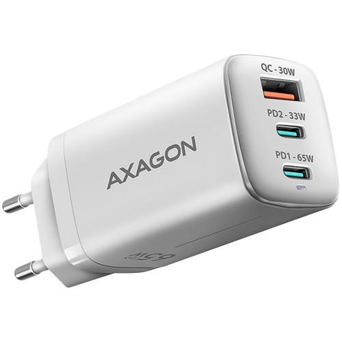 AXAGON ACU-DPQ65W GaN Wall charger, 3x port (USB + dual USB-C), PD3.0/QC4+/PPS/Apple, 65W, white image 1