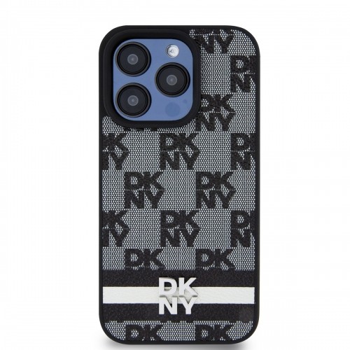 DKNY PU Leather Checkered Pattern and Stripe Case for iPhone 13 Pro Max Black image 1