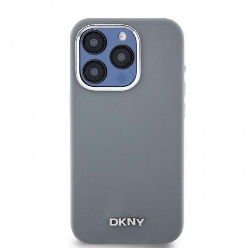DKNY Liquid Silicone Silver Metal Logo MagSafe Case for iPhone 15 Pro Grey image 1