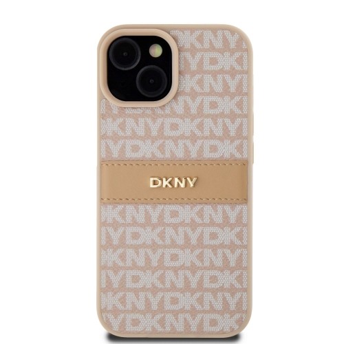 DKNY PU Leather Repeat Pattern Tonal Stripe Case for iPhone 15 Pink image 1