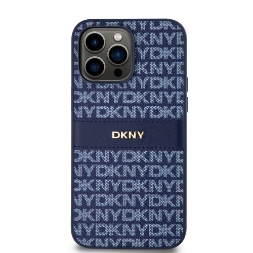 DKNY PU Leather Repeat Pattern Tonal Stripe Case for iPhone 14 Pro Blue image 1