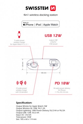 Swissten Swistten 4in1 MFI Wireless Docking Station 45W / Bezvadu Uzlādes Dokstacija Priekš Apple iPhone / Apple Watch / iPod image 2