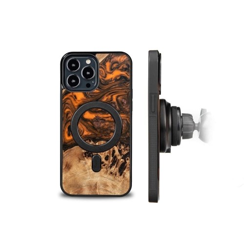Wood and Resin Case for iPhone 13 Pro Max MagSafe Bewood Unique Orange - Orange and Black image 2