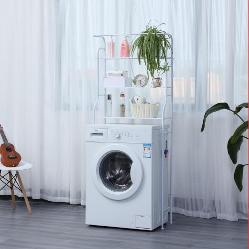 Herzberg Home & Living Herzberg HG-03299: 3-Tier Washing Machine and Bathroom Storage Shelf with Towel Hanger White image 2
