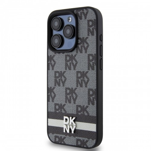 DKNY PU Leather Checkered Pattern and Stripe Case for iPhone 13 Pro Max Black image 2