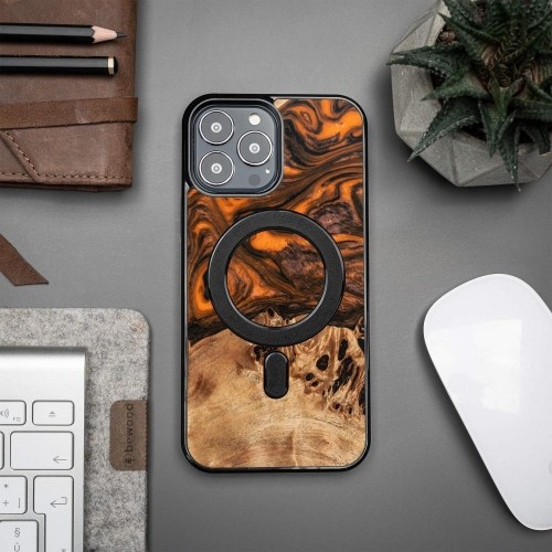 Wood and Resin Case for iPhone 13 Pro Max MagSafe Bewood Unique Orange - Orange and Black image 3