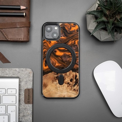 Wood and Resin Case for iPhone 13 MagSafe Bewood Unique Orange - Orange and Black image 3