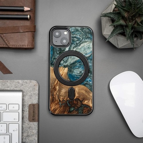 Wood and Resin Case for iPhone 13 MagSafe Bewood Unique Planet Earth - Blue-Green image 3