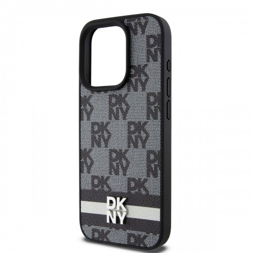 DKNY PU Leather Checkered Pattern and Stripe Case for iPhone 13 Pro Max Black image 3