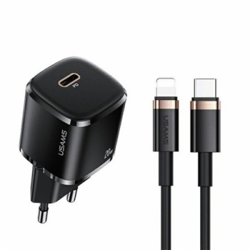 USAMS Ład. siec. 1xUSB-C T36 mini 20W + kabel USB-C-Lightning czarny|black PD3.0 Fast Charging XFKXLOGTL01 (US-CC124+US-SJ484)