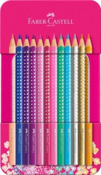 Trīsstūrveida krāsainie zīmuļi Faber-Castell Sparkle 12 krāsas, metāla kastītē