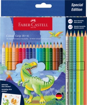 Trīsstūrveida akvareļu zīmuļi Faber-Castell Grip Dinosaurus 18+6 krāsas