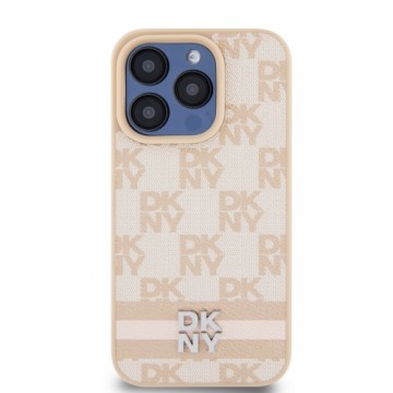 DKNY PU Leather Checkered Pattern and Stripe Case for iPhone 15 Pro Pink