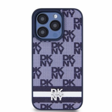 DKNY PU Leather Checkered Pattern and Stripe Case for iPhone 15 Pro Max Blue
